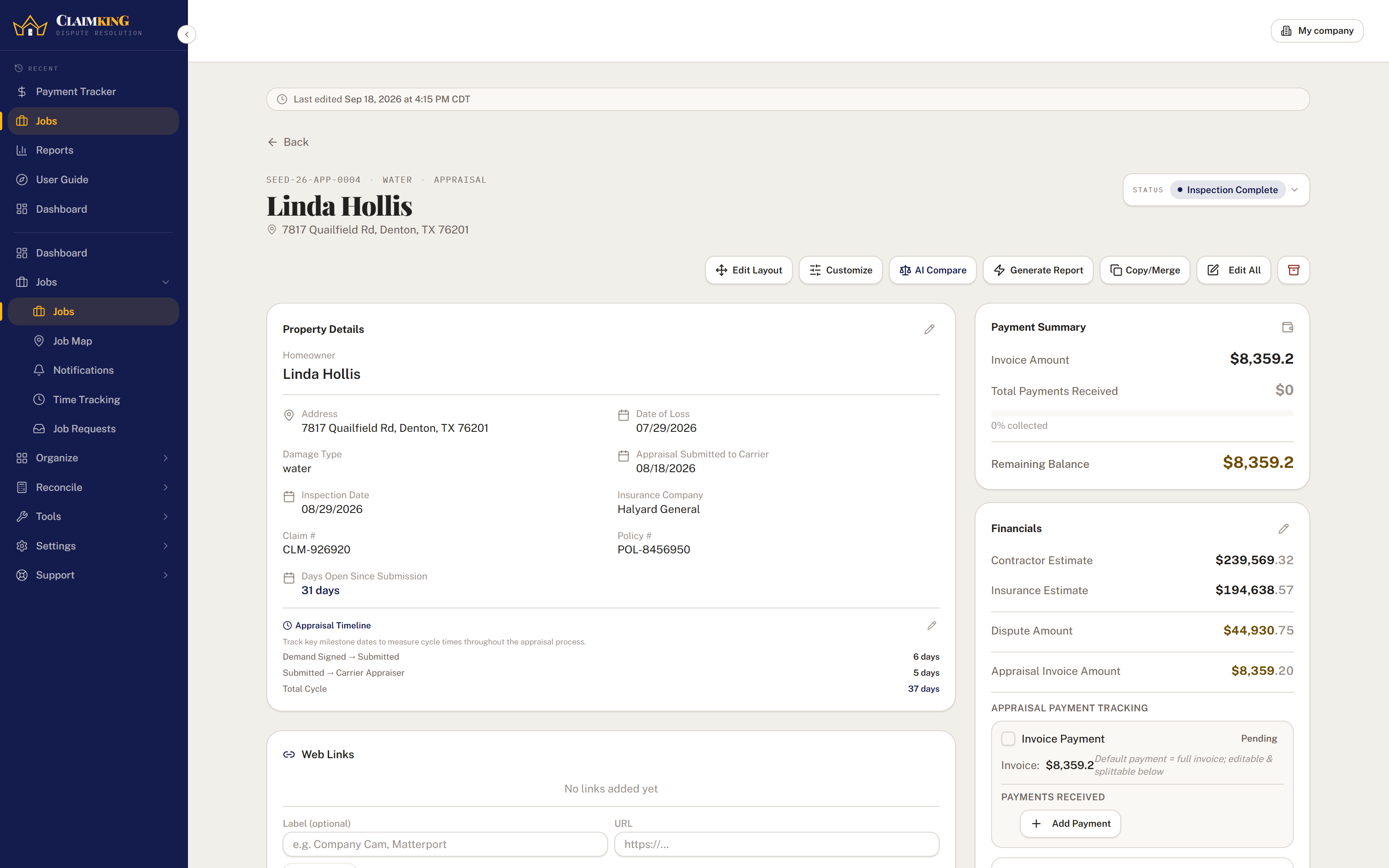 A claim file showing the status menu, property details and the appraisal timeline